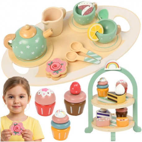 Dřevěná sada na čaj s podnosem a sladkostmi, 15dílný set