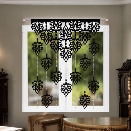 Okenní panel 100x150 cm černý s ažurovými listy a korálky