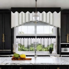 Sada: kuchyňská záclona z voálu 200x80 cm + krátké záclonky 90x50 cm, černé lemování