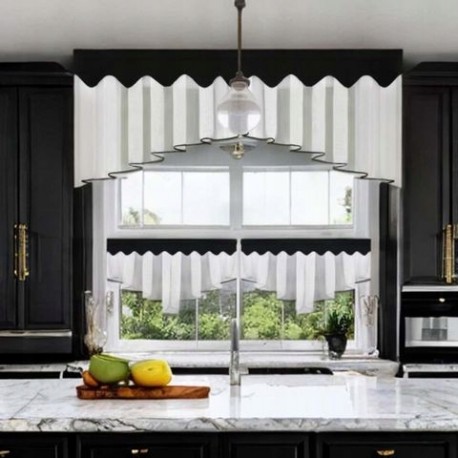 Sada: kuchyňská záclona z voálu 200x80 cm + krátké záclonky 90x50 cm, černé lemování