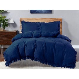 3dílný komplet ložního povlečení s volány, tmavě modrá barva, 160x200 cm
