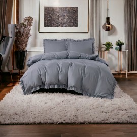 3dílný komplet ložního povlečení s volány, tmavě šedá barva, 160x200 cm