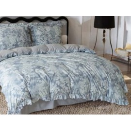 3dílný komplet ložního povlečení s volány, šedomodrý s květinami, 160x200 cm