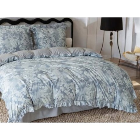 3dílný komplet ložního povlečení s volány, šedomodrý s květinami, 160x200 cm