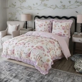 3dílný komplet ložního povlečení s volány, růžový s květinami, 200x220 cm