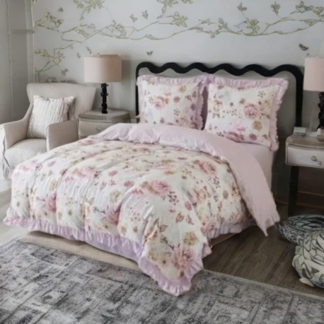 3dílný komplet ložního povlečení s volány, růžový s květinami, 200x220 cm