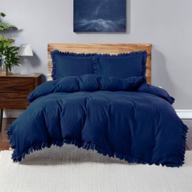 3dílný komplet ložního povlečení s volány, tmavě modrá barva, 200x220 cm