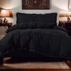 3dílný komplet ložního povlečení s volány, černá barva, 200x220 cm