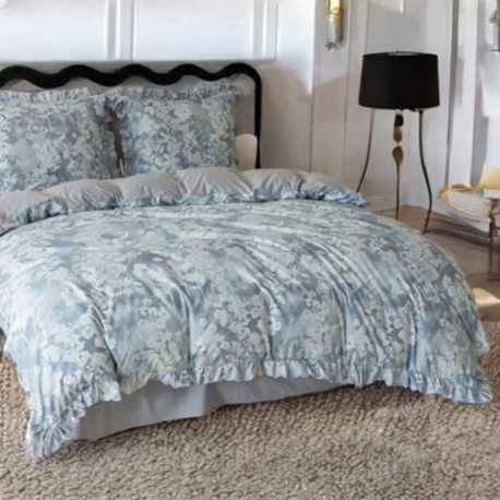3dílný komplet ložního povlečení s volány, šedomodrý s květinami, 200x220 cm