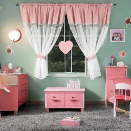 Růžovo-bílá záclonka s kamínky a srdcem 400x145 cm